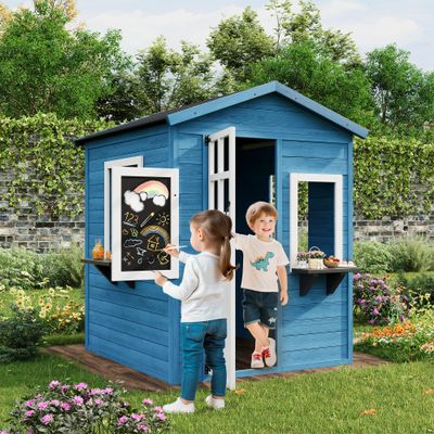 Playhouse for Kids Indoor & Outdoor, Wooden Kids Playhouse Cottage with Chalkboard, Door, Windows and Flowerpot Holders for Outdoor Imaginative Play, Easy to Assemble (Blue)