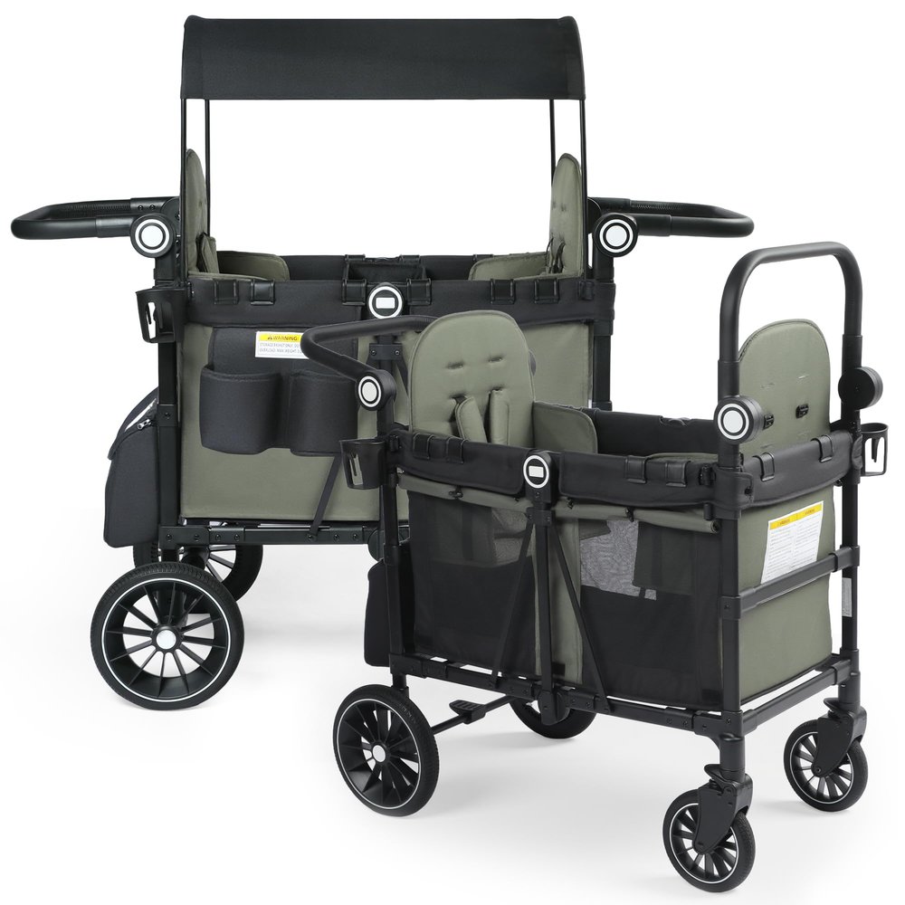 TODEFULL Stroller Wagon for 2 Kids, Foldable Push Wagon for Toddlers Baby with Canopy, Large Storage, 5-Point Harness, Adjustable Handle for Family Outdoor Activities, Black