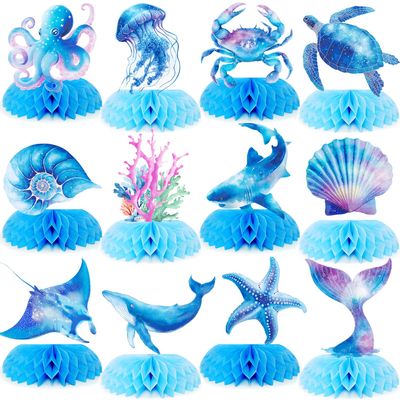 12pcs Sea Animals Honeycomb Centerpieces Under the Sea Birthday Party Decorations Mermaid Birthday Decorations Tropical Beach Fish Crab Turtle Ocean Animals Sea Creatures Party Supplies