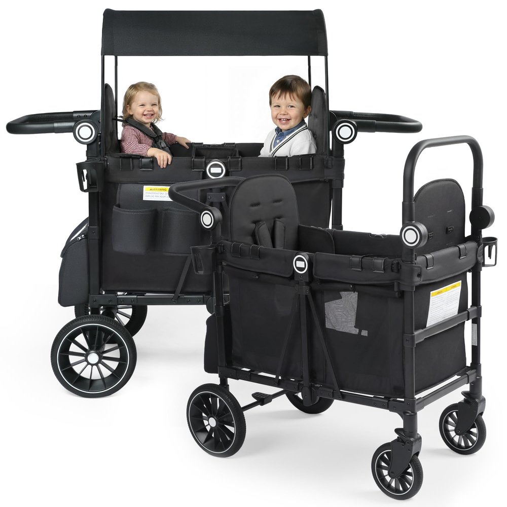TODEFULL Stroller Wagon for 2 Kids, Foldable Push Wagon for Toddlers Baby with Canopy, Large Storage, 5-Point Harness, Adjustable Handle for Family Outdoor Activities