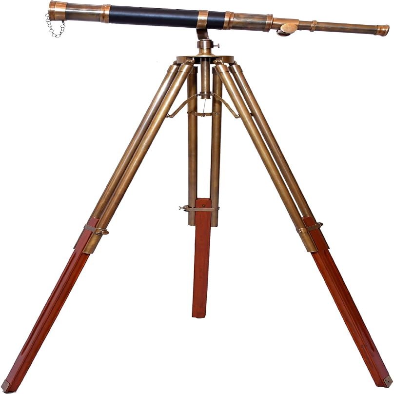 Handcrafted Antique Brass Telescope Black Leather Wrapped Spyglass with Adjustable Wooden/Brass Tripod