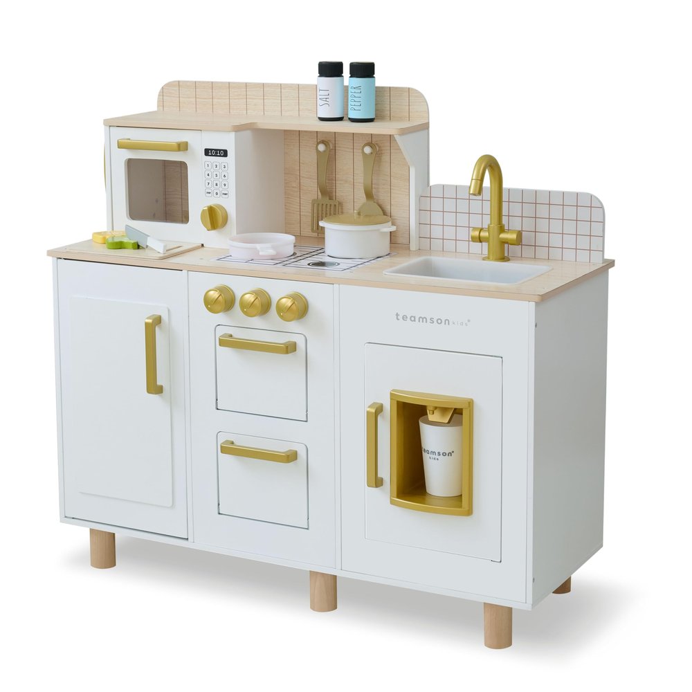 Teamson Kids Little Chef Hampton Interactive Play Kitchen with Ice Dispenser, Sink, Microwave, Storage & 17 Pcs Accessories Included for Kids 3+ Years, White
