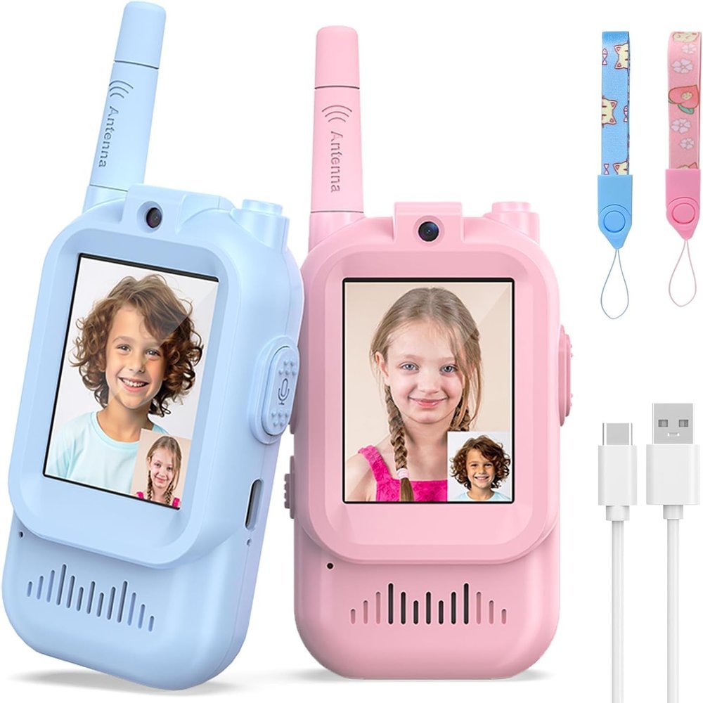 Pomya 2Pcs Walkie Kids Talkies with Anti Loss Lanyard, 500M Long Distance Communication, 1 to 1 Auto Pairing, Fun Voice Changing for Birthday Festival Gifts