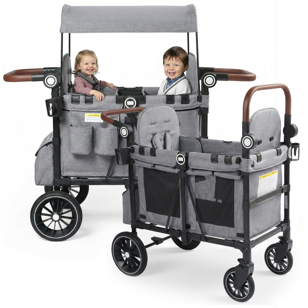 TODEFULL Stroller Wagon for 2 Kids, Foldable Push Wagon for Toddlers Baby with Canopy, Large Storage, 5-Point Harness, Adjustable Handle for Family Outdoor Activities