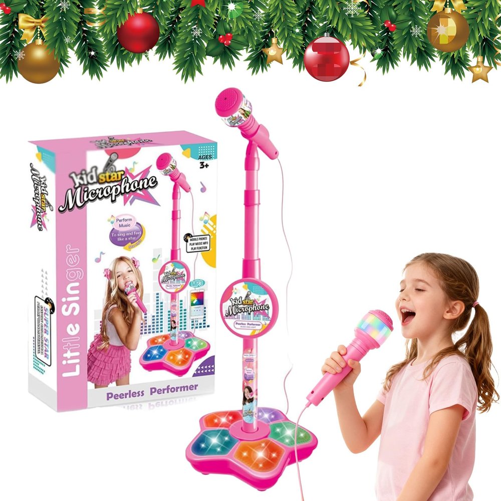 Kids Microphone with Stand,Microphone for Kids,Musical Toys All-in-One Microphones Toy for Girls with Stand, Got Built-in Music, Colorful Lights, Echo Effects (Pink)