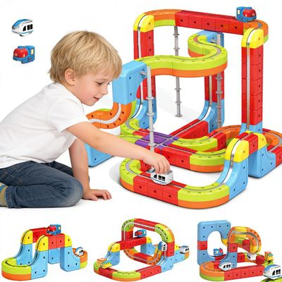 Electric 2 Trains Set Tracks, Magnetic Railcar Race Tracks, 3D Infinity Modular Cube Building Blocks Freely Assembled, STEM Learning Toy Fun Gifts for Kids Toddlers Boys & Girls