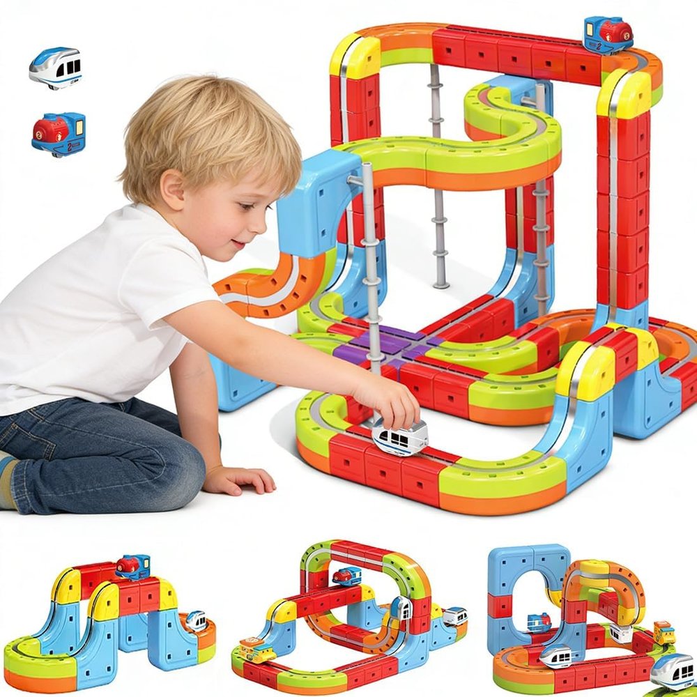 Electric 2 Trains Set Tracks, Magnetic Railcar Race Tracks, 3D Infinity Modular Cube Building Blocks Freely Assembled, STEM Learning Toy Fun Gifts for Kids Toddlers Boys & Girls