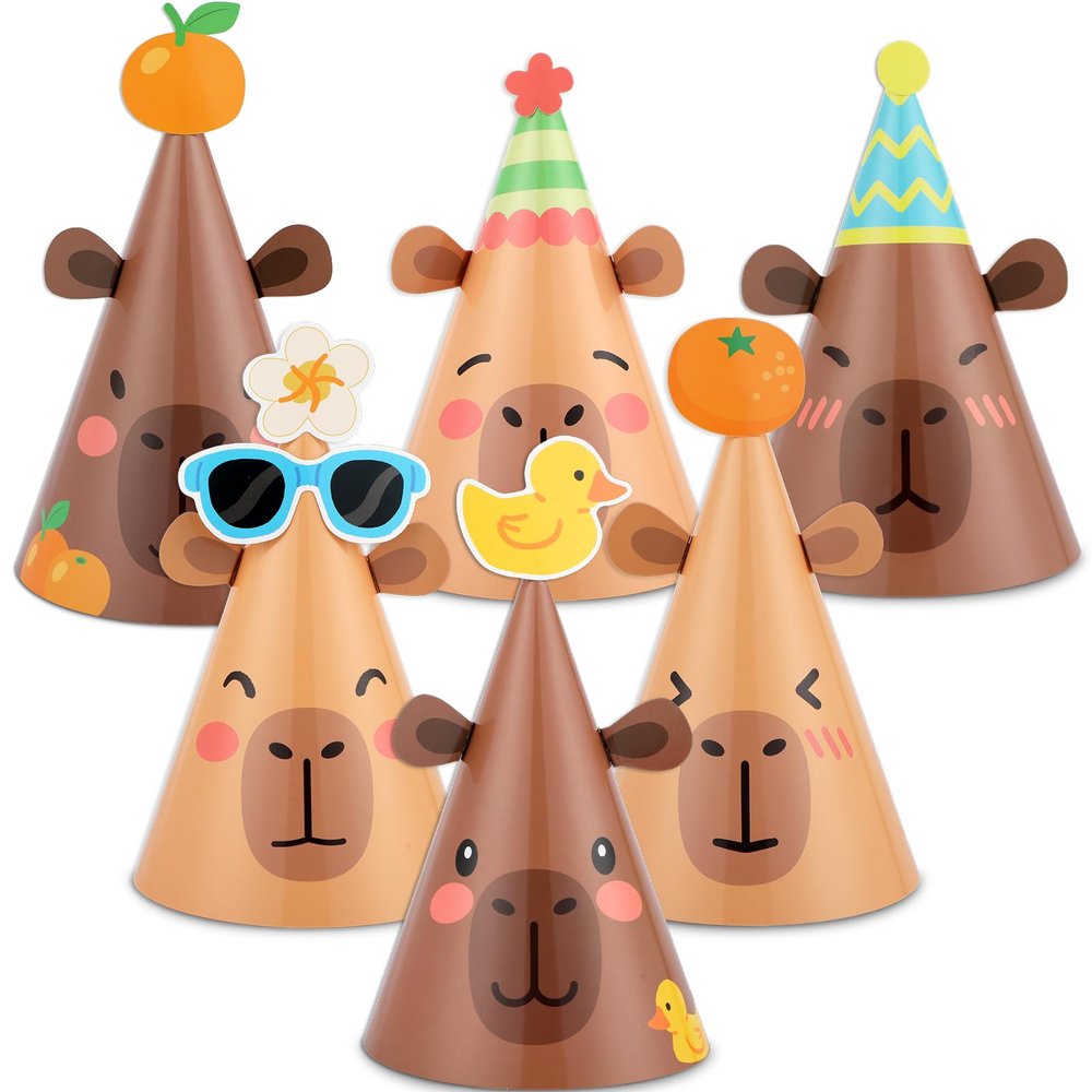 24Pcs Capy Themed Bara Birthday Paper Cone Hats Set Cute Capy Shaped Paper Headwear Party Favors Cute Capy Cone Hats Decorations Cartoon Animal Party Supplies Photo Props for Birthday Baby Shower