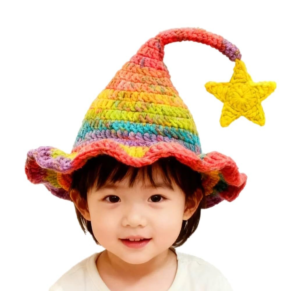 BBPIG Handmade Crochet Rainbow Witch Hat with Star, Kids Colorful Striped Wizard Cap, Whimsical Costume Accessory Christmas Hat Baby Elf Beanie Party Hat for Holiday,New Years with boy and girl