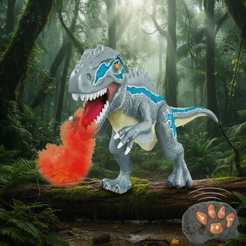 Fire Breathing Dragon Toy, Fire Breath Dino, Remote Control Walking & Spinning Dinosaur with 7 Color Led, Mist Spray, Realistic Roaring Sounds, Christmas & Birthday Gifts for Boys Girls 3+ (Gray)
