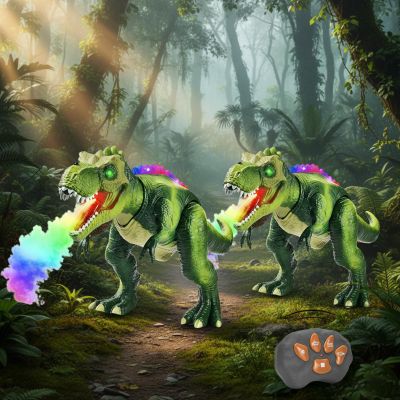 Fire Breathing Dragon Toy, Fire Breath Dino, Remote Control Walking & Spinning Dinosaur with 7 Color Led, Mist Spray, Realistic Roaring Sounds, Christmas & Birthday Gifts for Boys Girls 3+ (2PCS-A)