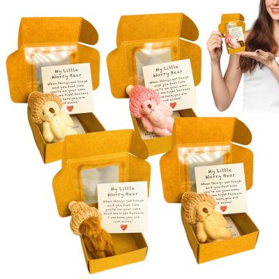 4PCS Plush Bear in Box with Hat, Bear Plush with Greeting Card and Box, Bears in A Boxes with Positive Message, for School Birthday Shelf Desk Offices Nursery