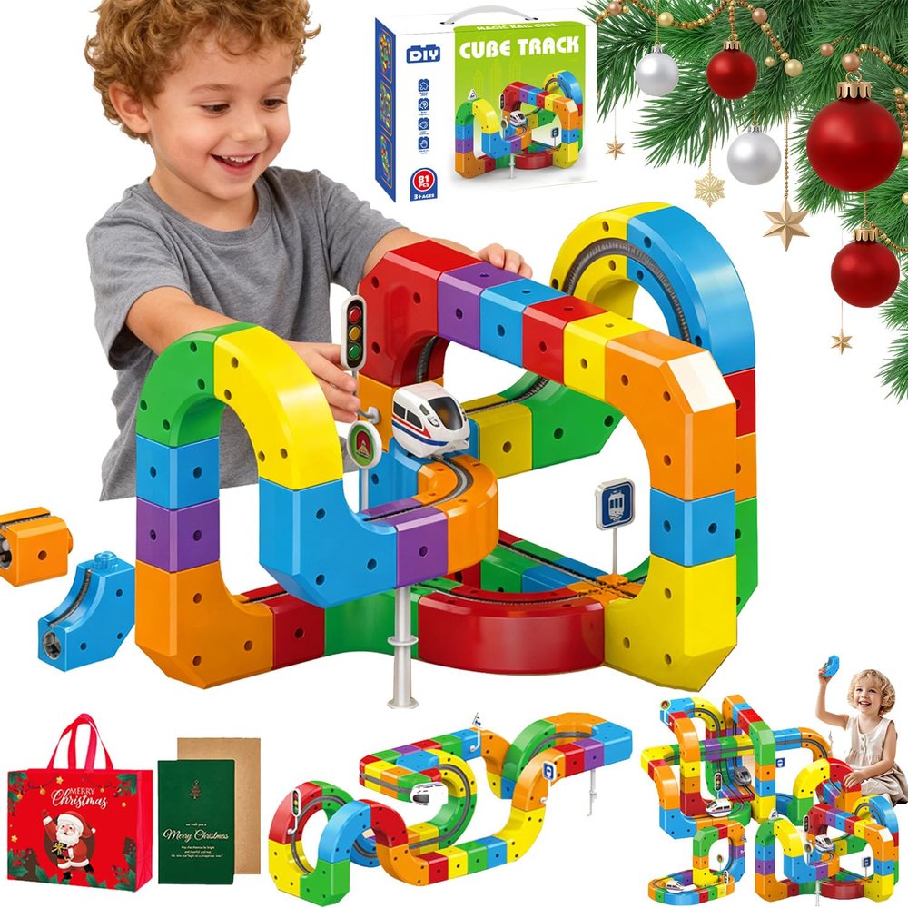 Electric Train Set, Flexible 3D Infinity Track, Anti-Gravity 3D Stem Electric Train Set, DIY Race Car Modular Clip-Fit Tracks with Train Traffic Signs, Loop 360 (81Pcs)