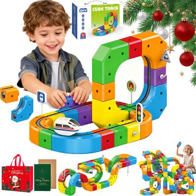 Electric Train Set, Flexible 3D Infinity Track, Anti-Gravity 3D Stem Electric Train Set, DIY Race Car Modular Clip-Fit Tracks with Train Traffic Signs, Loop 360 (51Pcs)