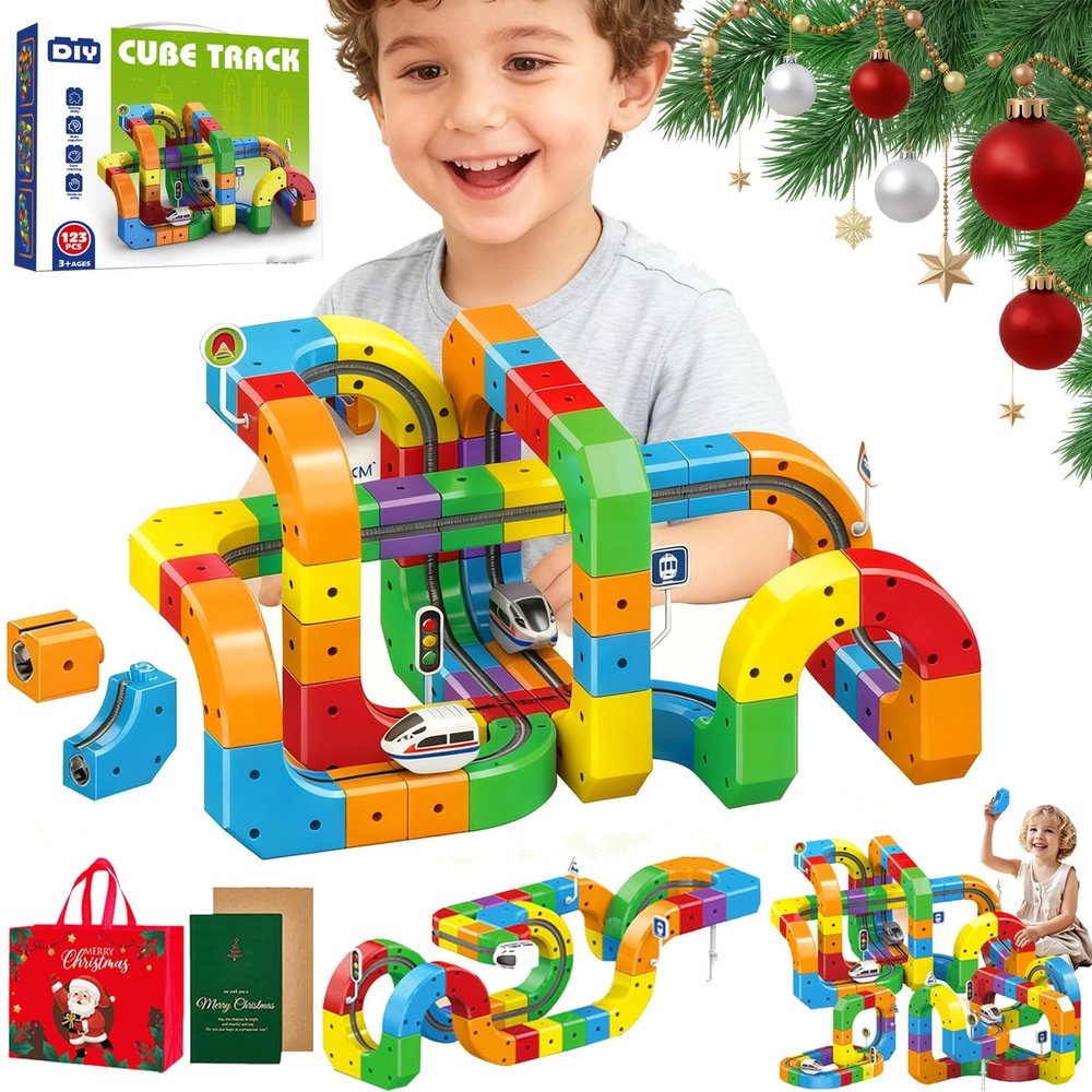 Electric Train Set, Flexible 3D Infinity Track, Anti-Gravity 3D Stem Electric Train Set, DIY Race Car Modular Clip-Fit Tracks with Train Traffic Signs, Loop 360 (123Pcs)