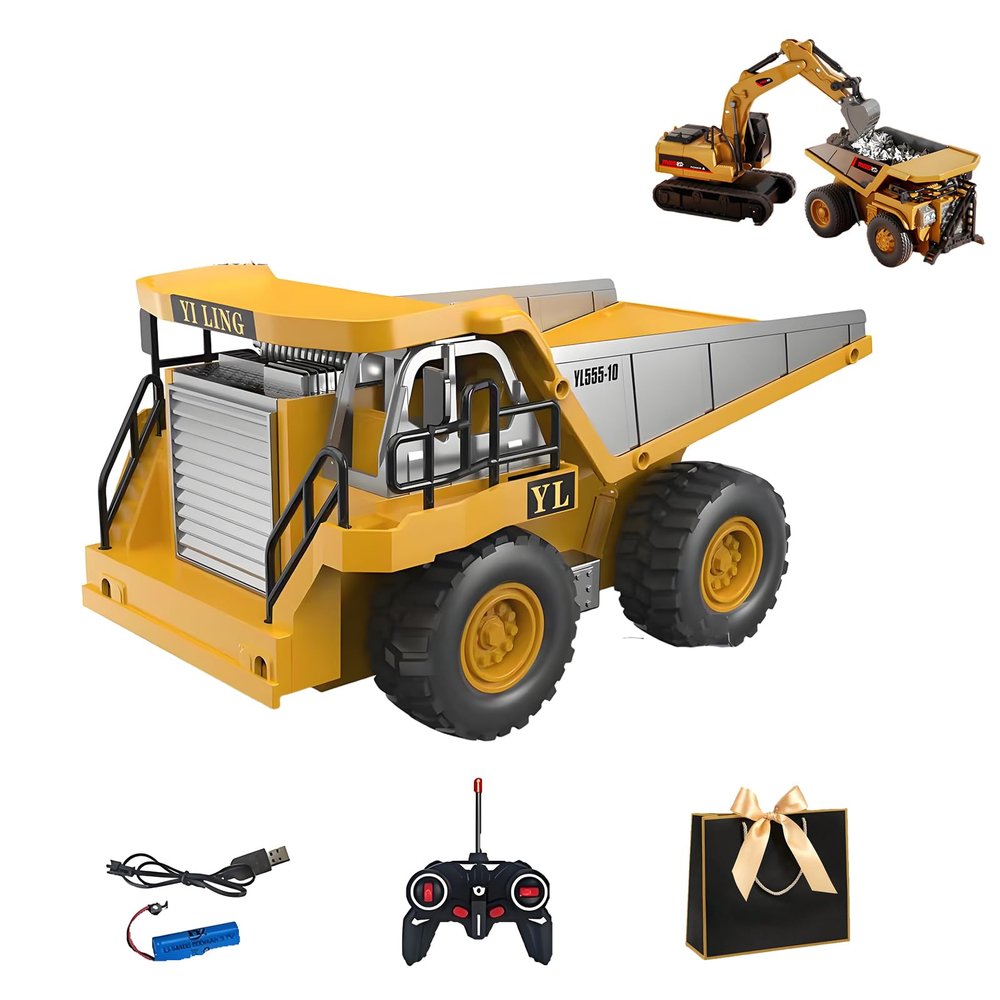 Mini Excavator Toy Remote Control, 1:64 Premium Alloy Mini RC Construction Set Forklift, Excavator & Dump Truck, 3-Speed Settings, Remote Control Turn Off Lights, A Great Gift for Kids (Dump Truck)