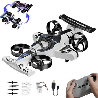 2-In-1 Flying Car & Stunt Drone, Land and Air 360 Flip Aircraft High Speed Drift Cars, Rechargeable 2.4Ghz 4WD Dual-Mode Car Mini Drone With Remote Control, 3 Speeds Adjustable (White)