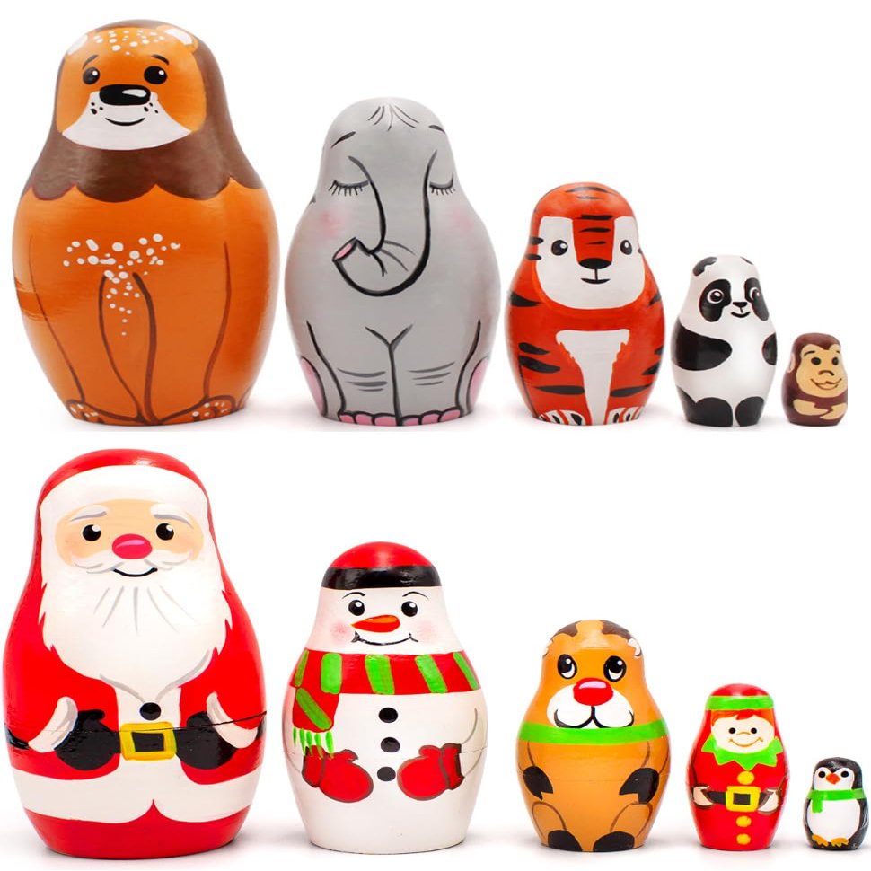 Russian Nesting Dolls Bundle 2 Set 5Piece Christmas Themed Matryoshka + 5Piece Wild Animals Matryoshka Set Handcrafted Wooden Souvenirs for Collectors & Home Decor