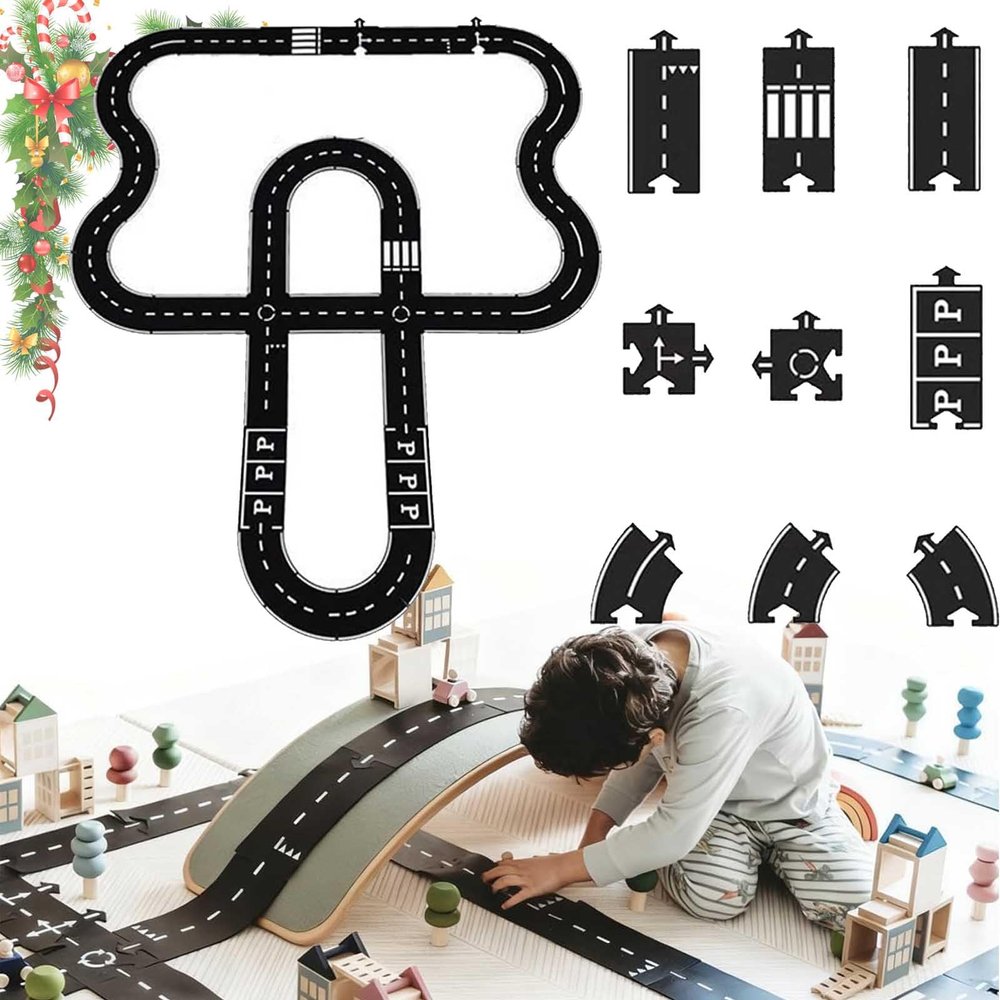 Flexible Rubber Road Puzzle Track Pieces, Indestructible Waterproof Rubber Car Tracks, Interlocking Flexible Expressway Circuit Set Toy, Puzzle Car Highway Tracks for Outdoor Indoor (40pc)