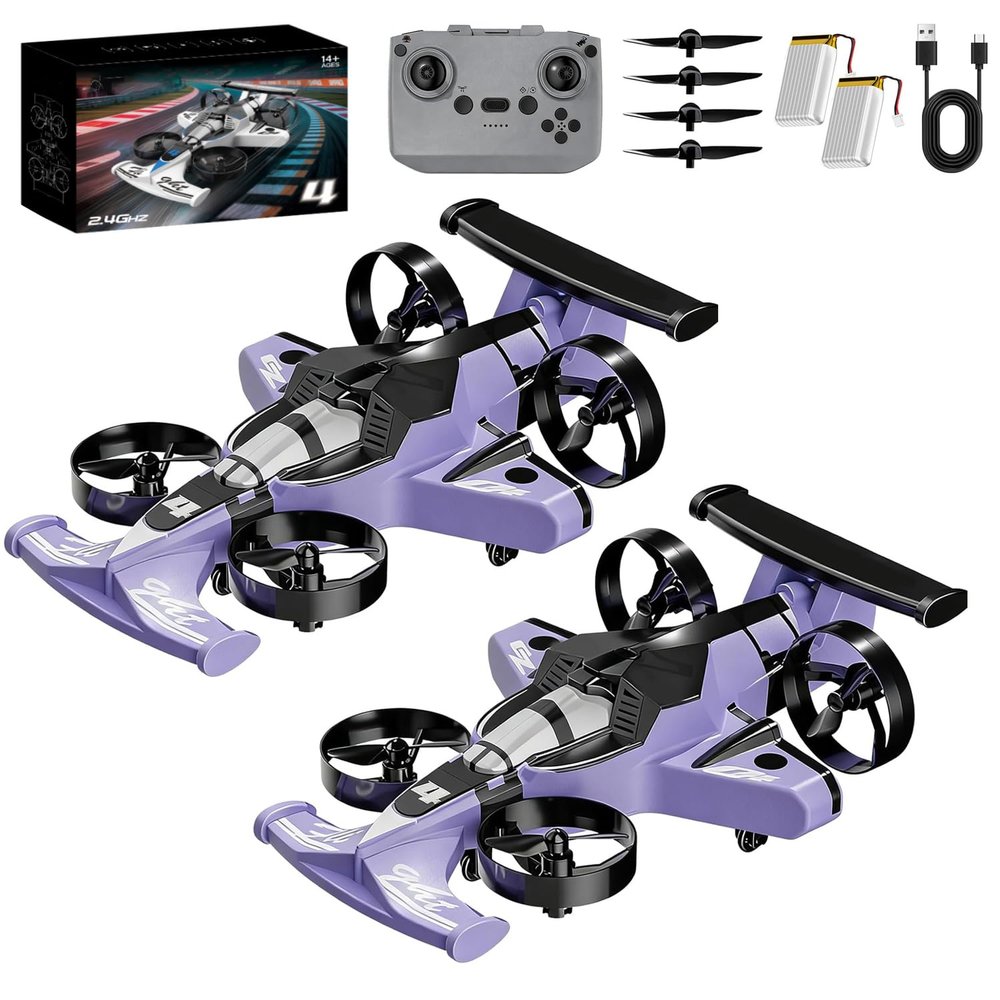 2-in-1 Flying Car & Stunt Drone, Rechargeable Dual-Mode Car Drone Drive Fly Conquer Every Terrain, Flying Cars & Stunt Drones, Land and Air 360 Flip Aircraft High Speed Drift Cars (Purple*2)