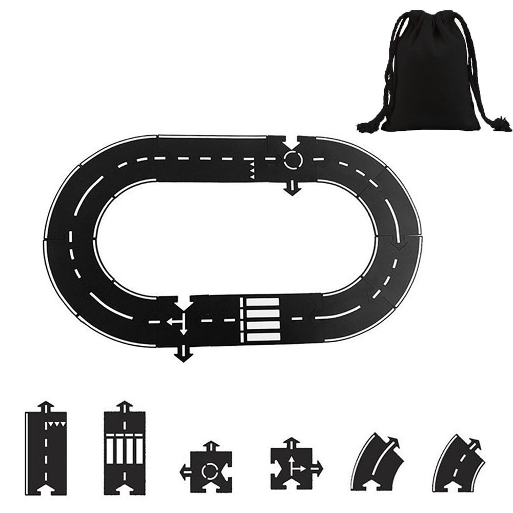 Flexible Rubber Road Puzzle Track Pieces, Flexible Expressway Circuit Set Toy, Waterproof Indestructible Modular Puzzle Car Highway Tracks, DIY Car Playset for Indoor Outdoor Bath (B-PCS)