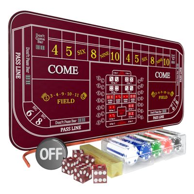 iEsstros Double Dealer Craps Table Top Set Craps 70" x 35" Craps Table Top Mat with 5 Casino Dice Casino Craps Stick 100 Poker Chips Craps ON/Off Poker Button Storage Bag-Red