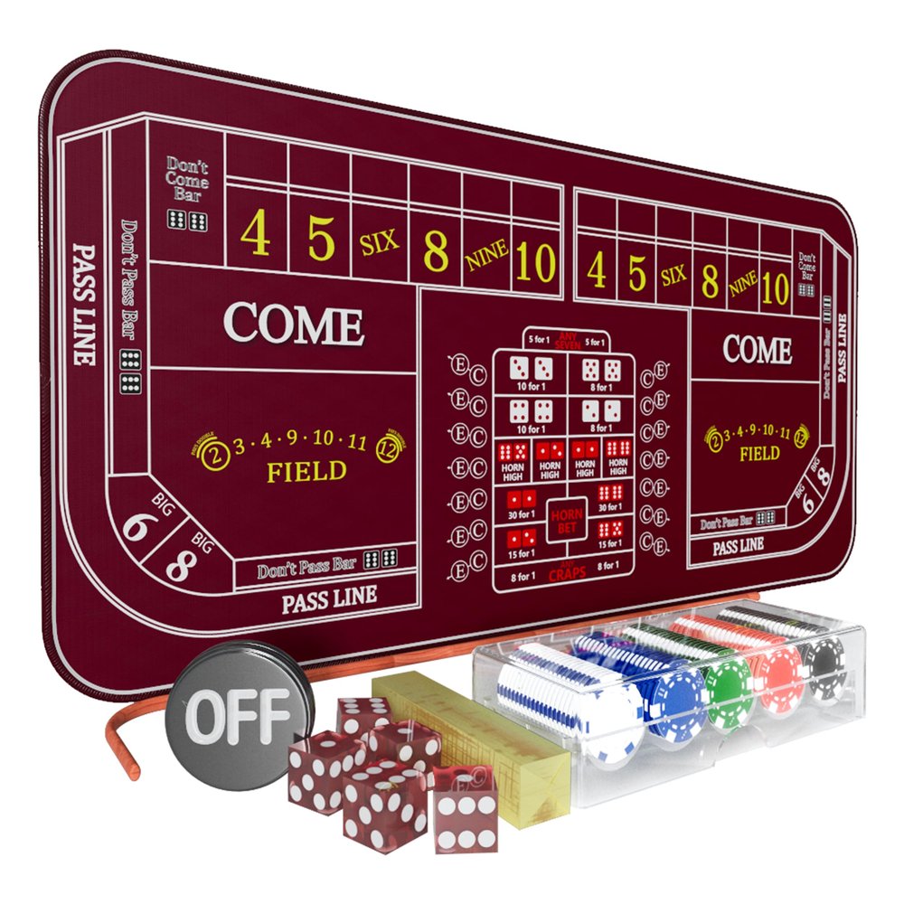 iEsstros Double Dealer Craps Table Top Set Craps 70" x 35" Craps Table Top Mat with 5 Casino Dice Casino Craps Stick 100 Poker Chips Craps ON/Off Poker Button Storage Bag-Red