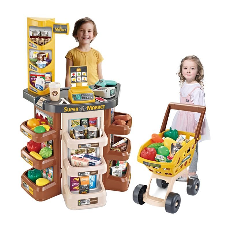 Play Supermarket Set, Pretend Play Grocery Shop Set - 47 Piece Cash Register Credit Card Machine Scanner Shop Trolley and Food for Boys and Girls +3 Years by Valessati.