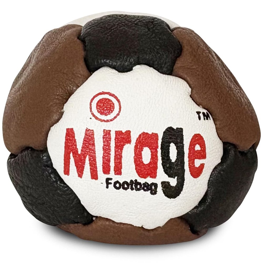 DIRTBAG Mirage Cowhide Footbag 14 Panel Plastic Pellet Filled, with More Bounce (Brown/Black/White)