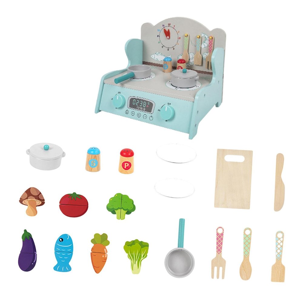 Wooden Play Kitchen Set for Kids, Pretend Play Cooking Toys with Accessories, Preschool Learning Toy, Fine Motor Skills, Birthday Gift for Toddlers- Blue Set B