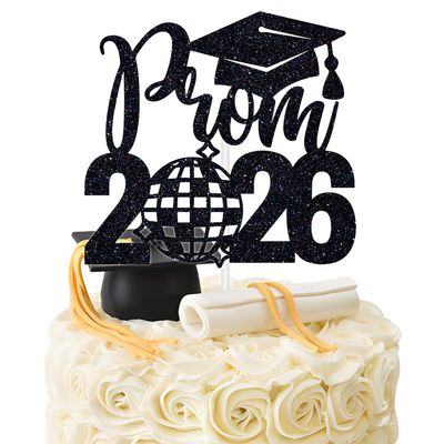 Black Glitter Prom 2026 Cake Topper, Prom Night/Congrats Grad, Class of 2026 Prom Night Birthday Graduation Party Decorations Supplies