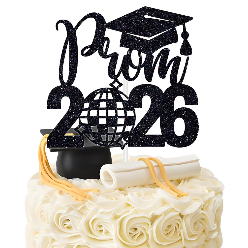 Black Glitter Prom 2026 Cake Topper, Prom Night/Congrats Grad, Class of 2026 Prom Night Birthday Graduation Party Decorations Supplies