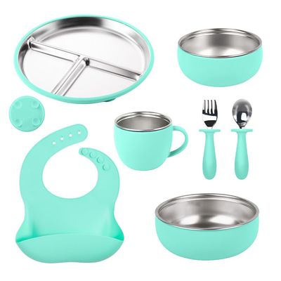 7 Pcs Stainless Steel Kids Plates and Bowls Set - BPA-Free Toddler Feeding Set with Divided Plate, Suction Base, Cup, Utensils & Bib - Dishwasher Safe, Removable Silicone Sleeve (fluorescent green)