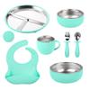 7 Pcs Stainless Steel Kids Plates and Bowls Set - BPA-Free Toddler Feeding Set with Divided Plate, Suction Base, Cup, Utensils & Bib - Dishwasher Safe, Removable Silicone Sleeve (fluorescent green) view 1