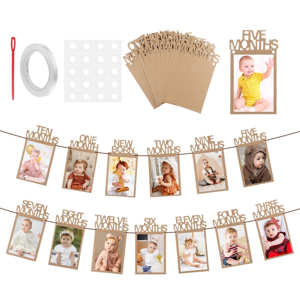 1st Birthday Photo Banner for Baby from Newborn to 12 Months Monthly Milestones Garland First Birthday Decorations Pre-Strung One Year Old Party Hanging Supplies Photo Banner with Frame for Boy Girl