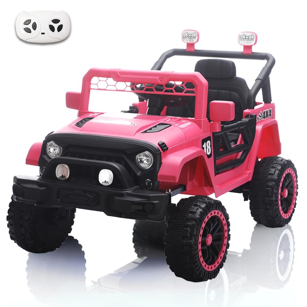 YMYCERS 12V Kids Car, 4x4 Electric Car for Kids with Remote Control, LED Lights & Music, Off-Road Ride On Toy Car Gift for Boys Girls 3+ Years Old (Pink)