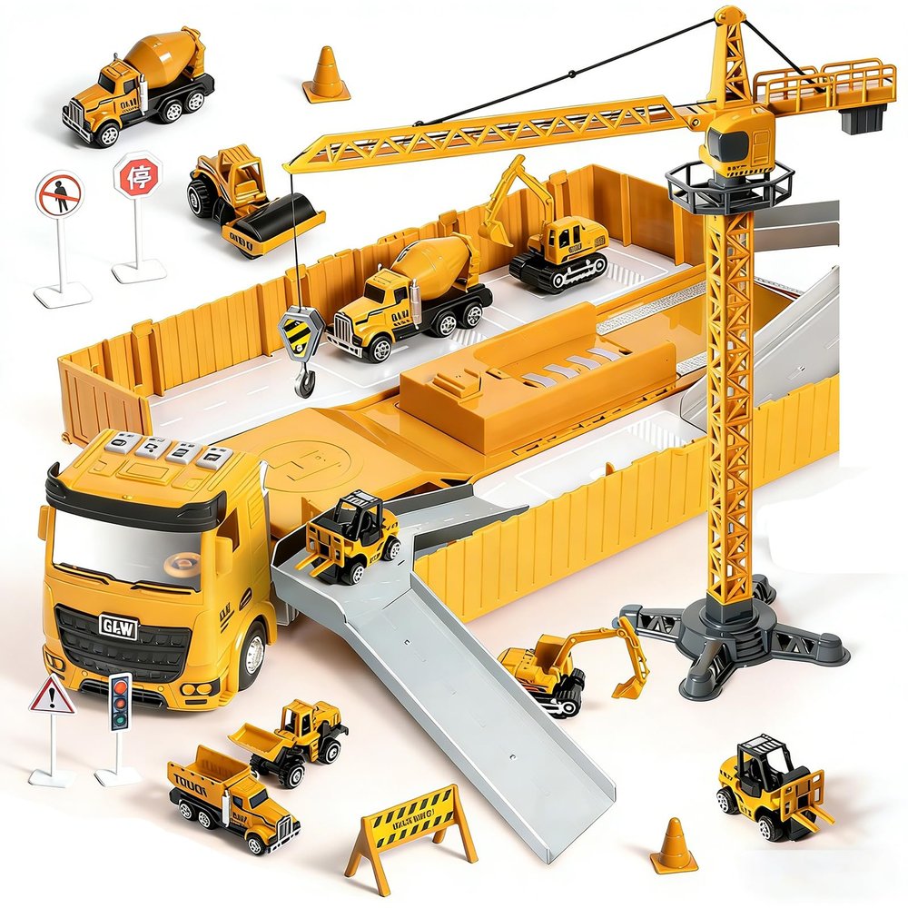 GLW Kids Construction Truck Toys Set Excavator, Forklift,Bulldozer,Dump Trucks,Cement Truck,Road Roller, Alloy Construction Vehicle Toys for Boys Gifts