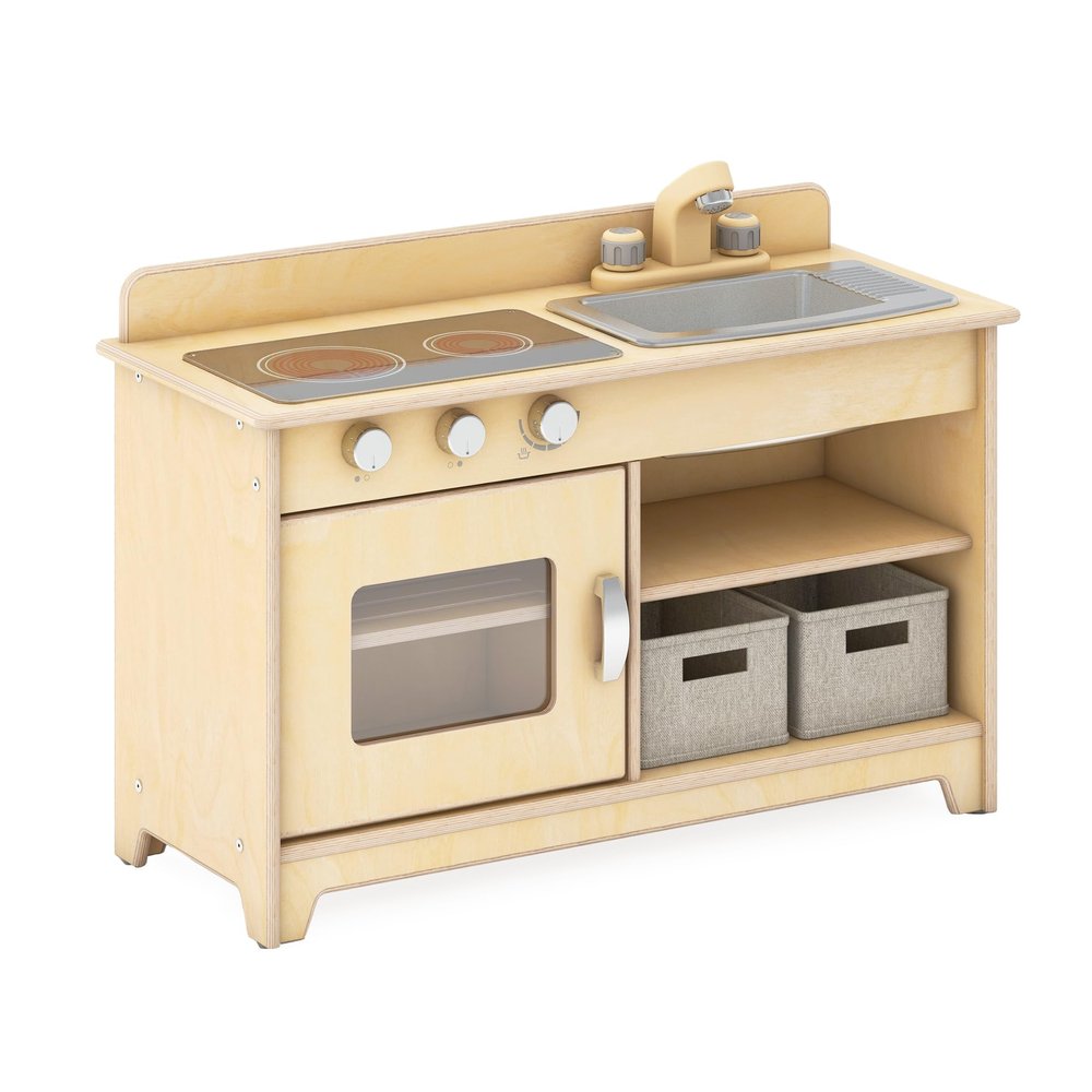 Guidecraft EdQ Kids Kitchen Stove, Sink and Oven Set - Natural: Wooden Montessori Kids Kitchen Playset, Pretend Play Toy w/Realistic Knobs, Storage Shelves & Bins for Dramatic Play Accessories