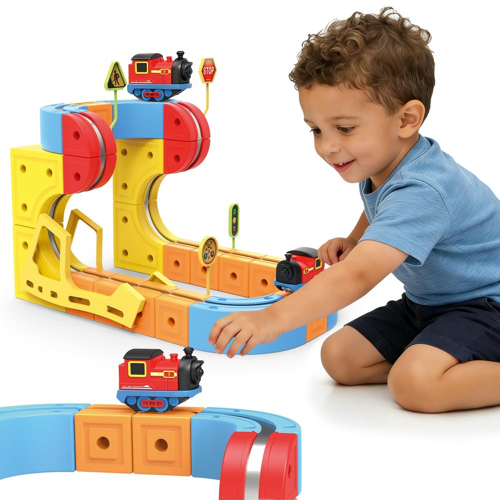 Electric Train Set for Kids, 66PCS Infinity Magentic Racer Track Blocks with Electric Train, Cube Tracks Train Toys for Toddlers 4-8, Magic Track Kid Trains Set Toys.