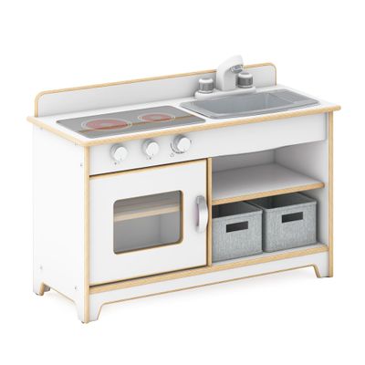Guidecraft EdQ Kids Kitchen Stove, Sink and Oven Set - White: Wooden Kids Kitchen Playset, Pretend Play Toy w/Interactive Knobs, Faucet, Storage Shelves & Bins for Dramatic Accessories