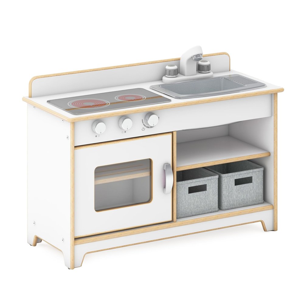 Guidecraft EdQ Kids Kitchen Stove, Sink and Oven Set - White: Wooden Kids Kitchen Playset, Pretend Play Toy w/Interactive Knobs, Faucet, Storage Shelves & Bins for Dramatic Accessories