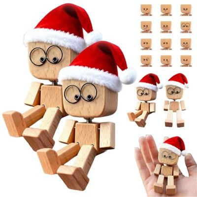 Christmas Shaking Wooden Man Figurine, Charming Little Wooden Figure That Sways with 12pcs Magnetic Expressions, Funny Shaking Wood Man with Santa Hat, Christmas Car Ornaments Dashboard Accessories