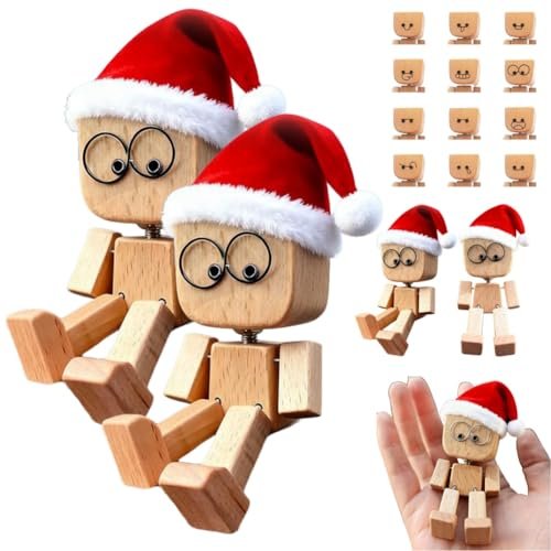 Christmas Shaking Wooden Man Figurine, Charming Little Wooden Figure That Sways with 12pcs Magnetic Expressions, Funny Shaking Wood Man with Santa Hat, Christmas Car Ornaments Dashboard Accessories