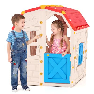 HONEY JOY Outdoor Playhouse, Cottage Themed Foldable Toddler Play House Playset for Playground, Working Door & Windows, Indoor/Outdoor Walk-in Interactive Playhouse for for Home Garden Backyard (Red)