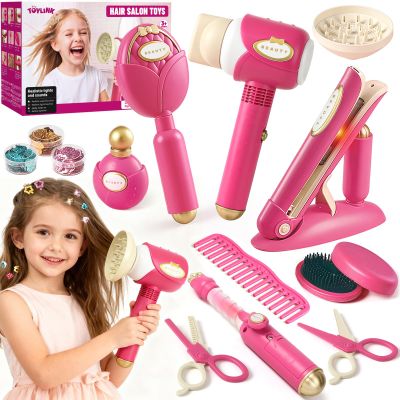 Toylink Hair Salon Toys for Girls, 21 Pcs Pretend Play Toys Hair Styling Set with Sound and Light Blow Dryer & Hair Gem Accessories, Beauty Kids Salon Playset Birthday Gifts for Toddlers 3 4 5 6 7 8+