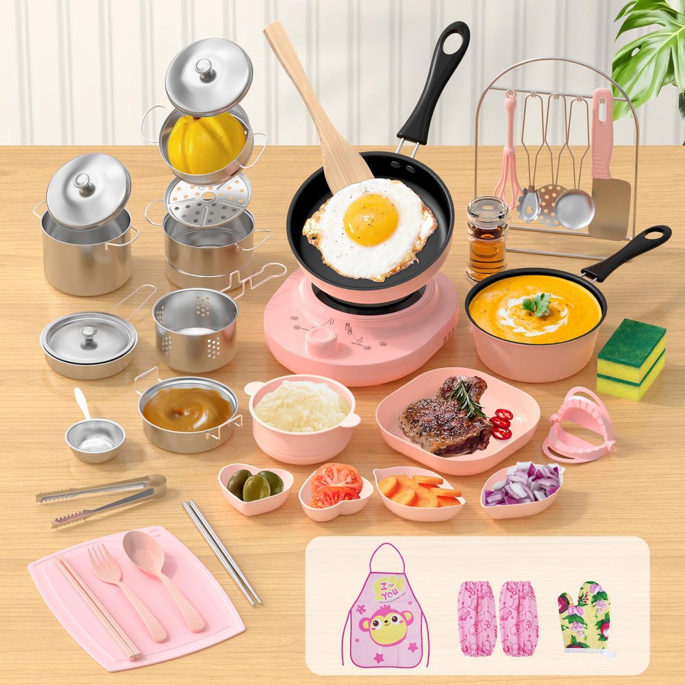 Gotoofun Kids Cooking Set Real for Ages 8-12, Real Montessori Mini Kitchen Tools with Stove Burner & Safe Knife, Easy Educational Cooking Toys for Boys & Girls Beginner  Pink