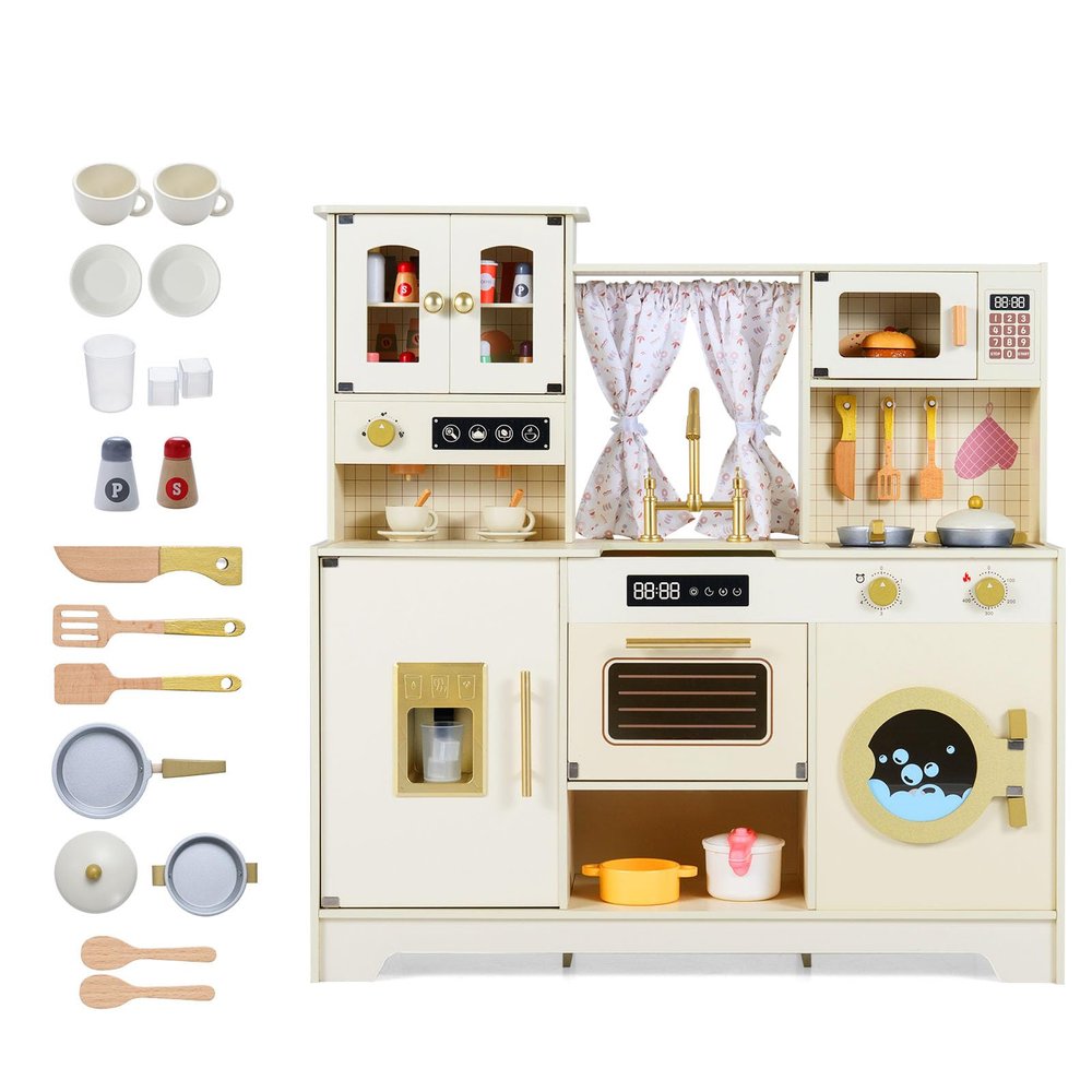 Costzon Kids Play Kitchen, Wooden Toy Kitchen Playset w/Ice Maker, Coffee Maker, Washing Machine, Curtain, Microwave & Oven, Pretend Toy Kitchen w/Storage for Boys and Girls Aged 3+