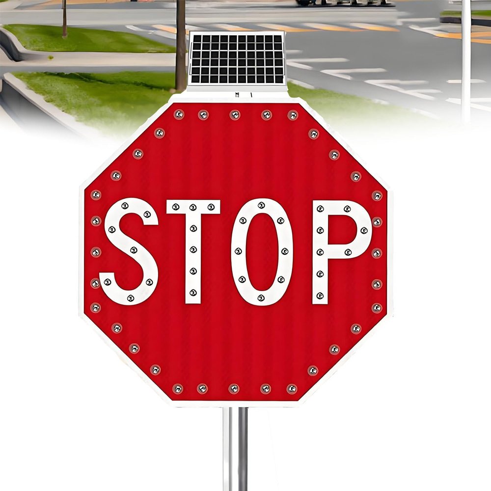 30in Solar Powered LED Traffic Warning Sign - IP65 Waterproof Stop Light Road Sign for Schools, Shopping Malls & Outdoor Use - Bright LED Safety Signage