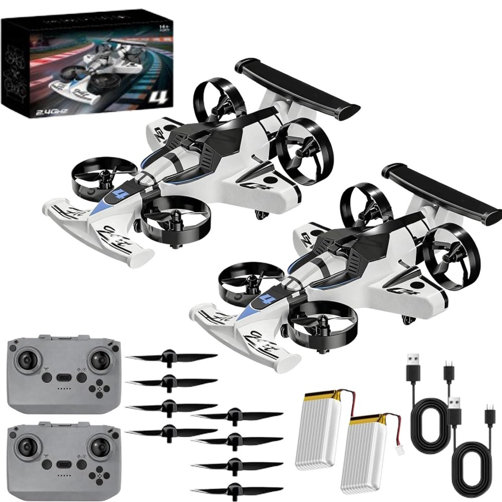 2-in-1 Flying Car & Stunt Drone, Flying Car Toy, 2 in 1 Land and Air 360 Aircraft High Speed Drift Cars with Remote Control, For Indoor Outdoor (2pcs White)