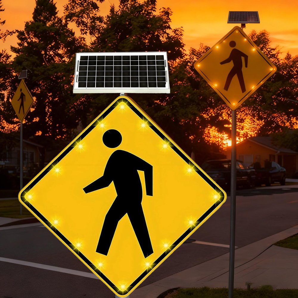 Solar LED Pedestrian Crossing Sign, 30" Aluminum Road Warning Sign, Solar-Powered Flashing Traffic Signal, Rust-Proof Metal Frame for Safety, High Visibility